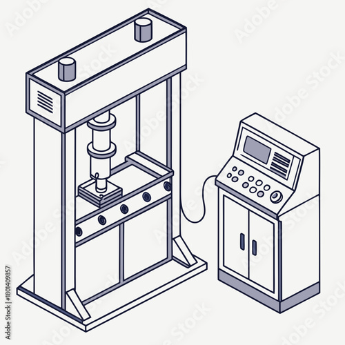 Illustration of a hydraulic press machine used in manufacturing, showing the machines components and control panel, isolated on