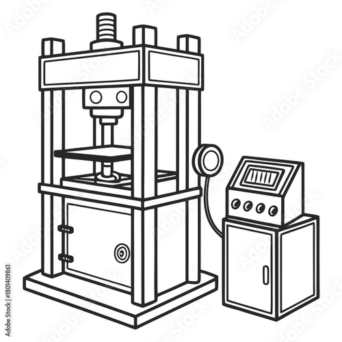 Illustration of a hydraulic press machine used in manufacturing, showing the machines components and control panel, isolated on
