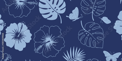 Floral Blue Seamless Pattern with Tropical Flowers, Butterfly, and Leaves for Fabric Design