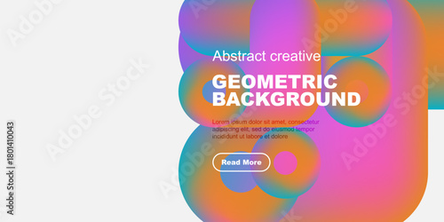 Vibrant abstract shapes overlap, creating colorful geometric background. Text promotes further exploration. Modern design elements present.