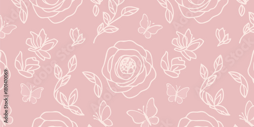 Elegant Floral and Butterfly Pattern in Soft Pink, Perfect for Decorative Backgrounds and Designs