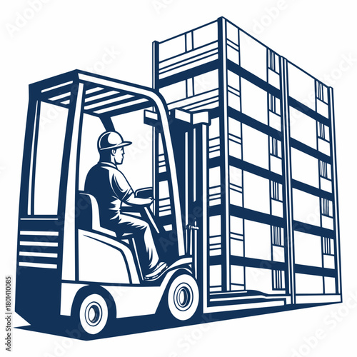 A vector illustration of a forklift operator lifting a stack of boxes, showcasing logistics, transportation, and industrial equipment in a clean and simple design