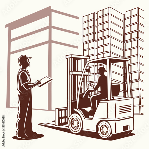 Illustration of a forklift operation in a warehouse, with a supervisor overseeing the process, isolated on suitable for logistics and supply chain themes