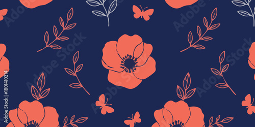Elegant seamless floral pattern with hand-drawn poppy flowers, botanical leaves, and charming butterflies. Vintage-inspired textile design on a dark blue background