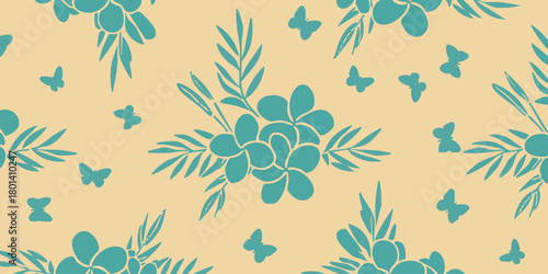 A charming seamless pattern featuring exotic teal plumeria flowers, palm fronds, and delicate butterflies on a soft beige background, evoking a tropical summer feel