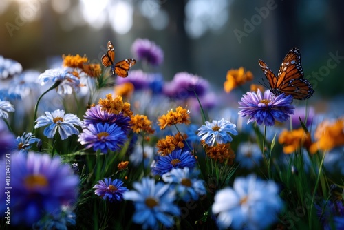 Butterflies flutter among colorful flowers in a vibrant garden during golden hour