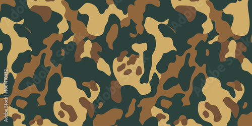 Seamless camouflage pattern design for military textiles, outdoor apparel, hunting gear, and nature-inspired backgrounds, featuring earthy tones and organic shapes for a tactical aesthetic