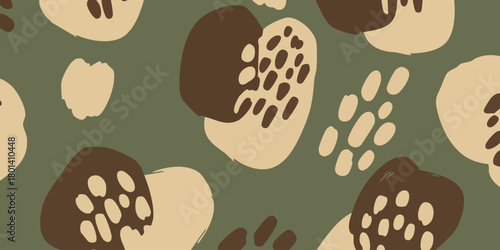 Hand-drawn abstract seamless pattern with organic shapes and spots in a modern camouflage color palette of earthy tones