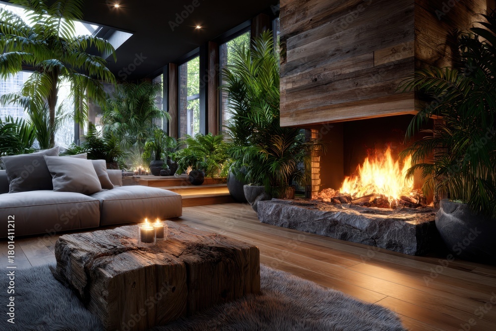 Fototapeta premium Cozy indoor living area with fireplace and abundant greenery in natural light