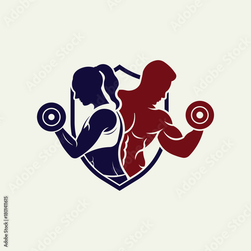 Male and female fitness silhouette logo with dumbbells in shield emblem. Gym, training, and sports branding design.