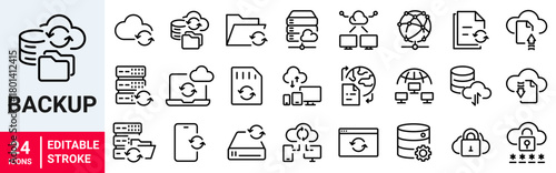 Backup web line icons. Web Hosting. server, data center, cloud hosting, vps, domain, ftp, internet. Editable stroke. Vector illustration