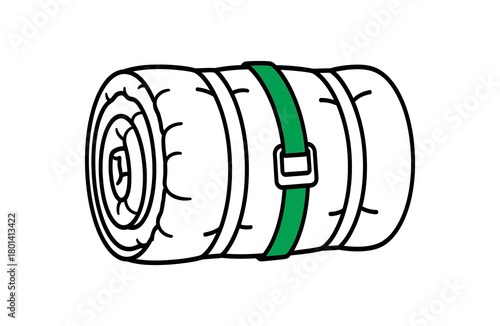 Rolled up sleeping bag with green strap, illustration, camping equipment.