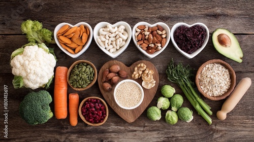 culpable. Assortment of heart-healthy foods arranged on a vintage wooden surface, nutritional concept with warm tones. menu design.