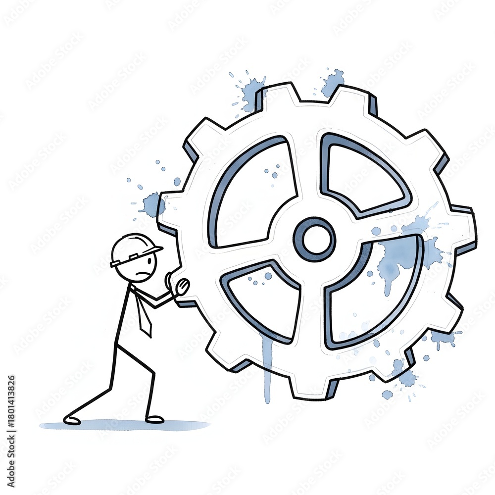 Obraz premium Small figure pushing giant gear symbolizing teamwork effort and process optimization