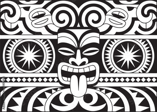 Bold tribal design, a vintage Polynesian tiki feel
