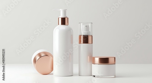 White cosmetic bottles rose gold accents skincare containers