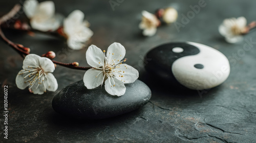 Balance of nature and harmony symbolized by flowers, stones, and yin-yang stone arrangement