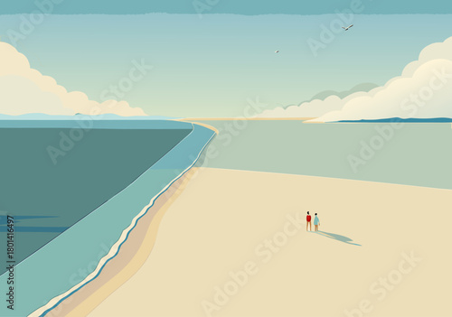 Aerial View of Couple Walking on Expansive Sunny Beach