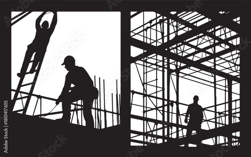 Construction workers building framework silhouette