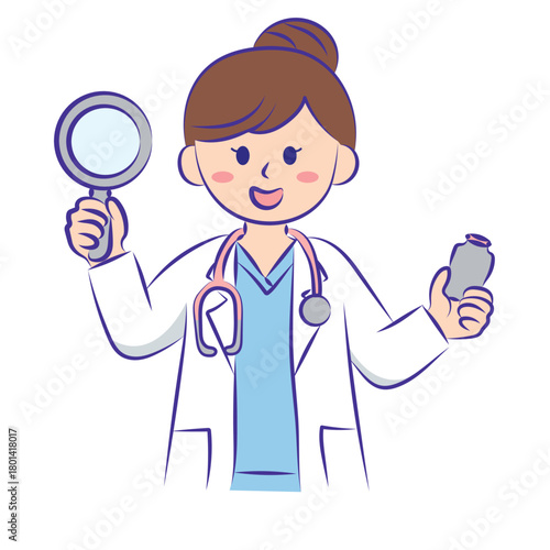 Female Doctor Holding Magnifying Glass and Medicine Illustration