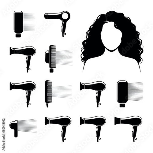 Collection of black silhouettes of hair dryers and hair styling tools