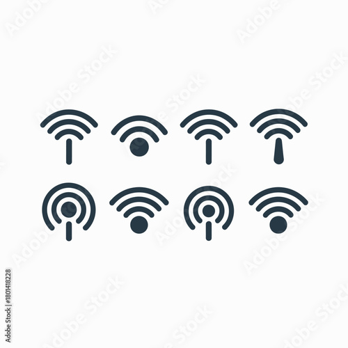 Collection of eight stylized wireless signal strength icons on white background