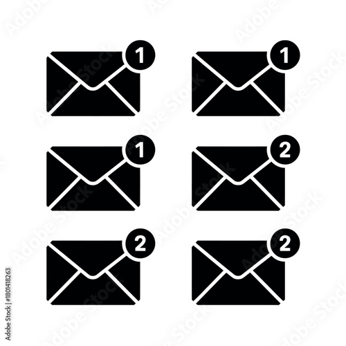 Set of black envelope icons with notification badges for new messages