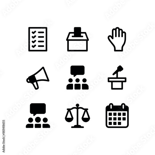 Collection of black icons representing voting rights and democracy
