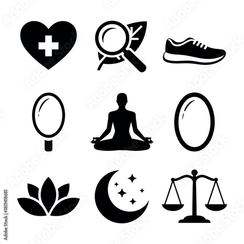 Collection of health and wellness icons including heart yoga and scales