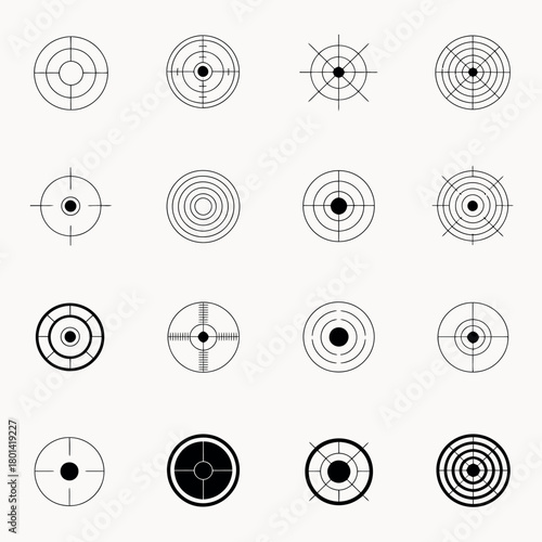 Collection of circular target icons and symbols for aiming and precision