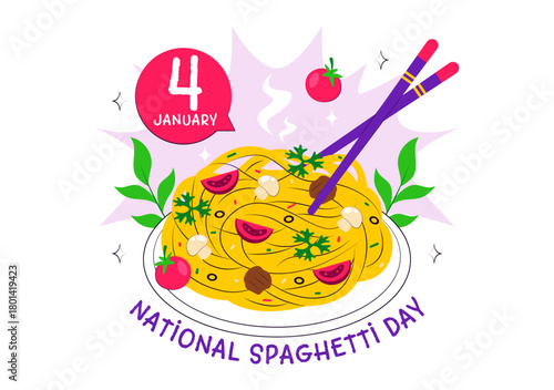 National Spaghetti Day Celebration Vector Illustration Featuring Various Noodle Dishes in a Fun And Festive Flat Style Cartoon Background