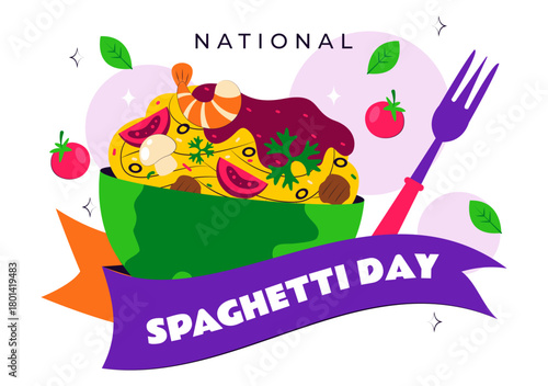 National Spaghetti Day Celebration Vector Illustration Featuring Various Noodle Dishes in a Fun And Festive Flat Style Cartoon Background