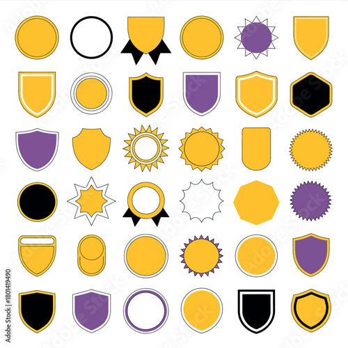Collection of blank shields badges and emblems in yellow purple and black