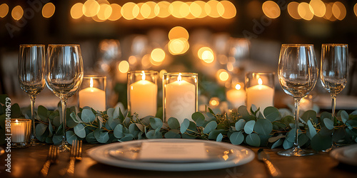 Elegant table setting with candles and greenery for a festive night celebration in a warmly lit venue Generative AI