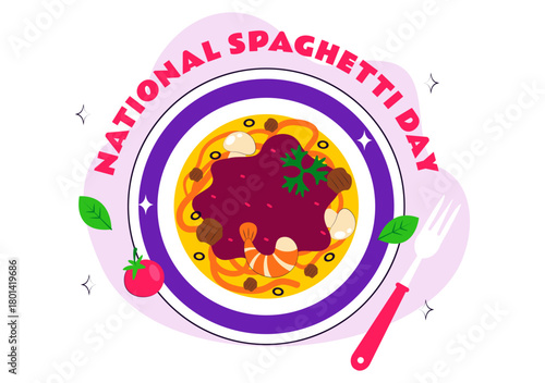 National Spaghetti Day Celebration Vector Illustration Featuring Various Noodle Dishes in a Fun And Festive Flat Style Cartoon Background
