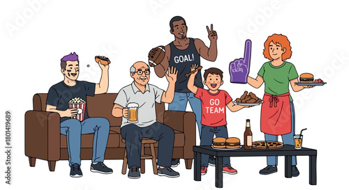 Family watching sports game with snacks and drinks