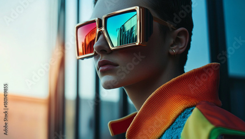 Futuristic Style Portrait of Young Person in Bold Sunglasses and Colorful Jacket