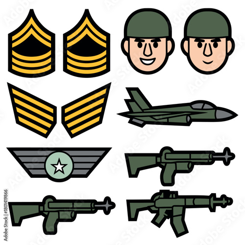 Collection of military insignia aircraft weapons and soldier icons