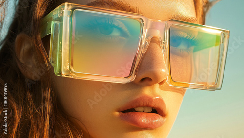 High Fashion Beauty Shot with Holographic Lens Sunglasses and Natural Makeup