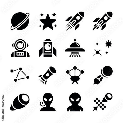 Collection of space and astronomy icons in black and white