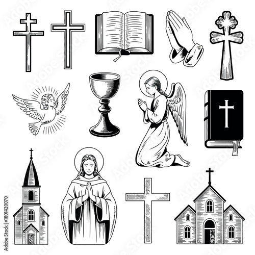 Collection of christian religious symbols and illustrations in black and white