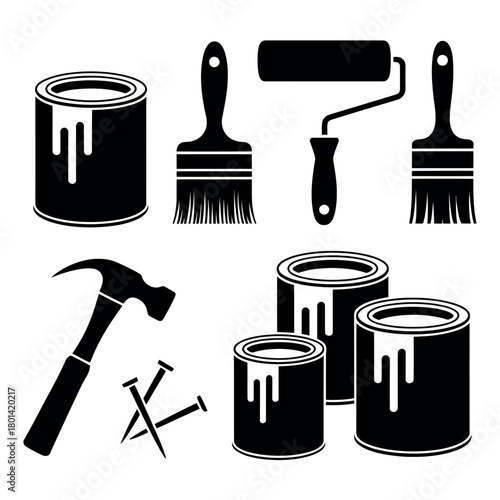 Collection of black and white silhouette icons for home renovation and painting projects
