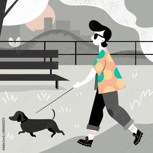 Urban Dreamer Walking Dog in Park with City Skyline View