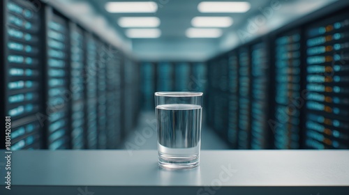 A clear glass of water with water inside and a data center in the background, symbolizing the large volume of water usage for cooling and the high energy consumption.