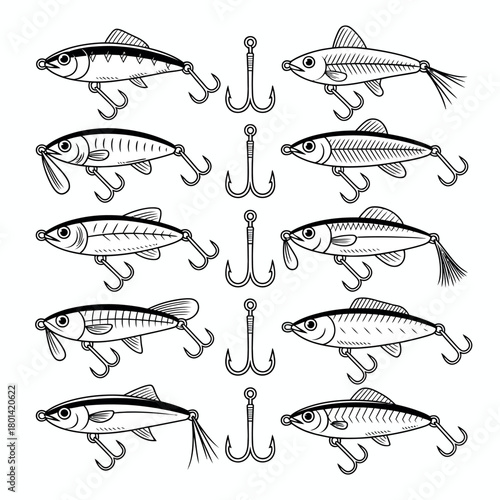 Collection of hand drawn fishing lures and hooks illustration