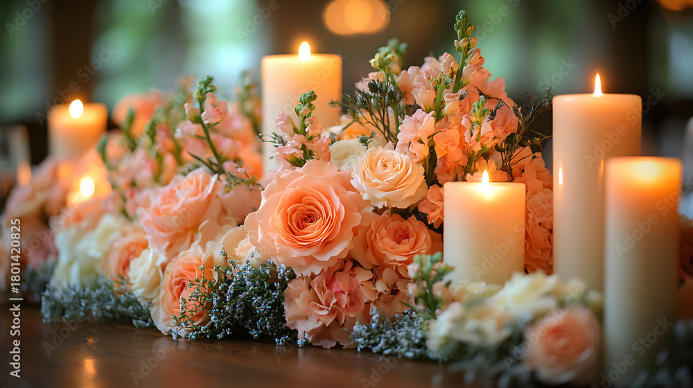 Obraz premium Beautiful floral arrangement with candles creating a warm ambiance for an event or celebration Generative AI