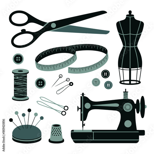 Sewing and tailoring tools and supplies on a white background