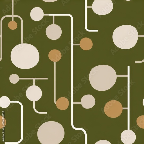 Retro Geometric Pattern with Circles and Lines on Olive Background.