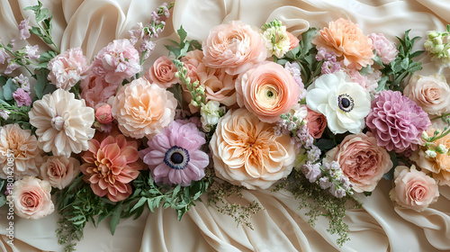 Beautiful arrangement of pastel flowers on soft fabric backdrop creates serene atmosphere for events Generative AI