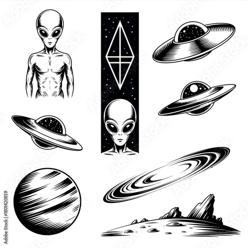 Collection of vintage style alien and ufo illustrations